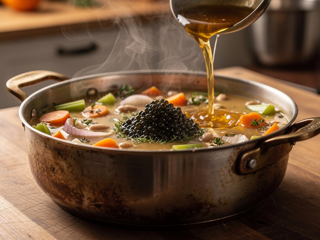 Adding the key ingredients to the pot.