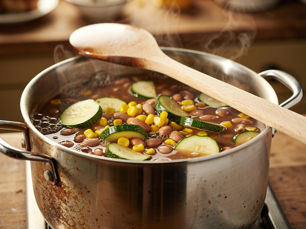 Letting the soup simmer to develop rich flavors.