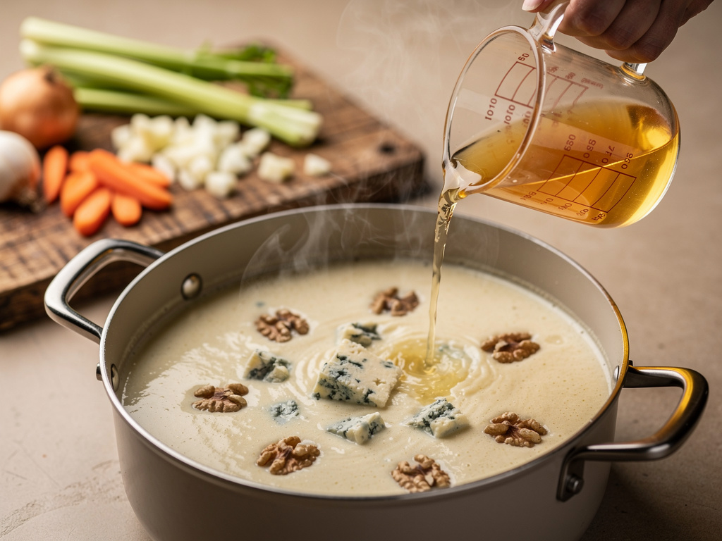 Adding the key ingredients to the pot.
