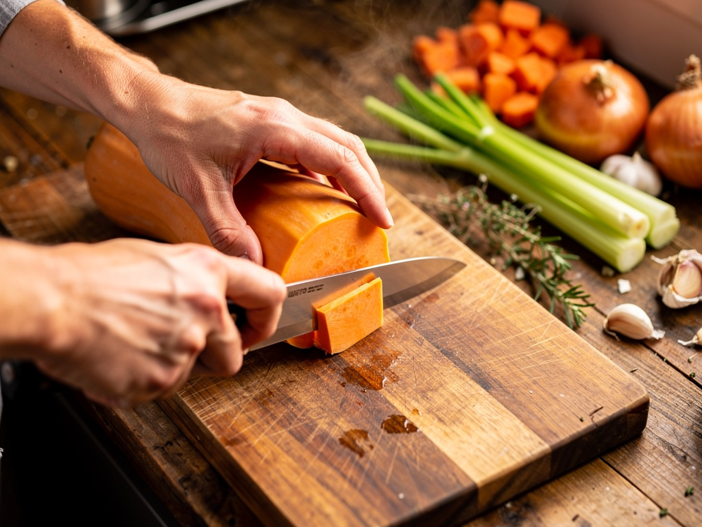 Cutting ingredients on wooden board