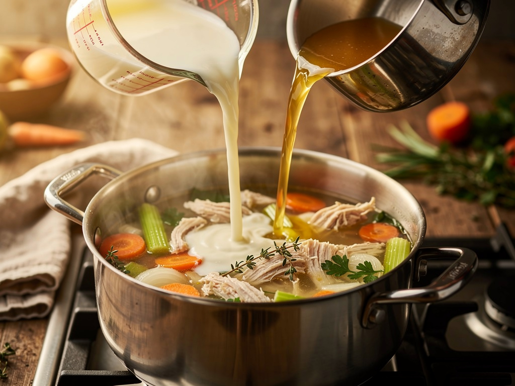 Add the liquid ingredients and bring to a gentle simmer.