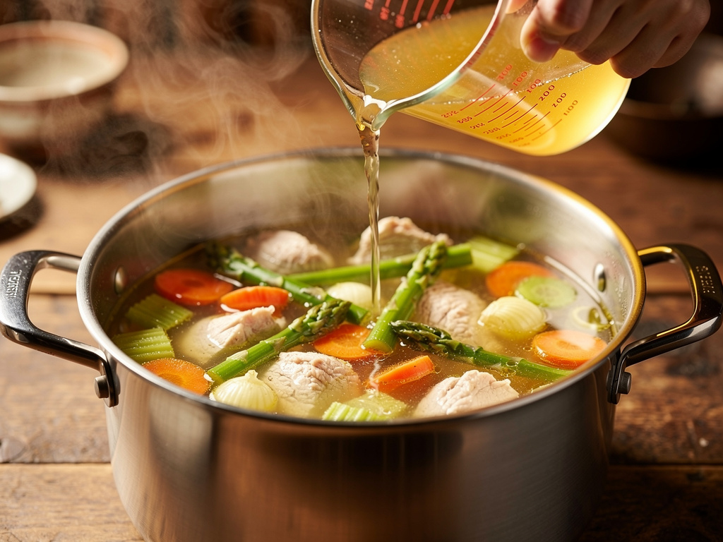 Adding the key ingredients to the pot.