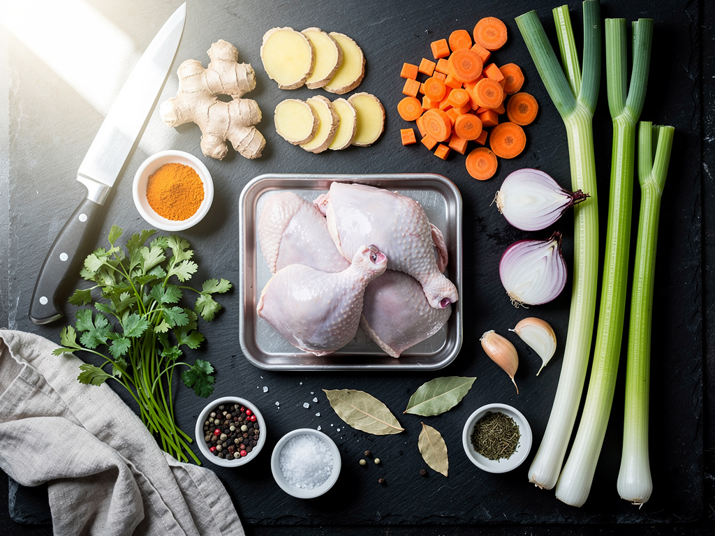 Fresh ginger coins and smashed garlic — the aromatics that define this broth.