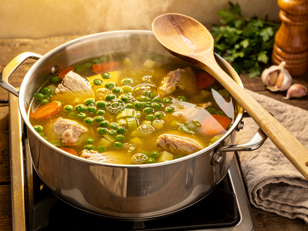 Letting the soup simmer to develop rich flavors.