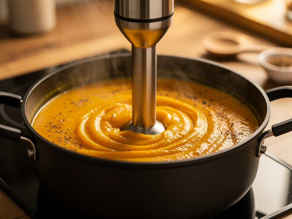 Blending the soup until smooth and creamy.