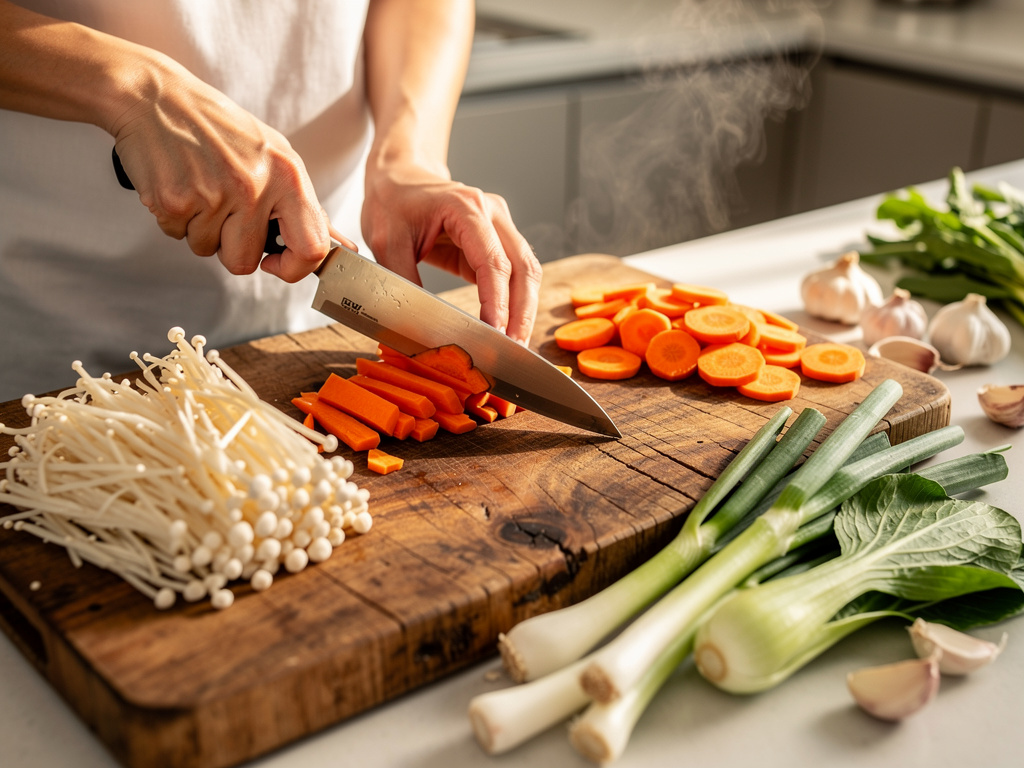 Preparing the vegetables for cooking.