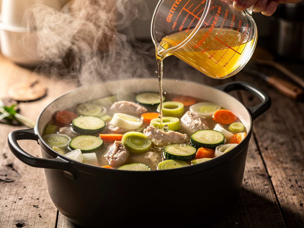 Adding the key ingredients to the pot.