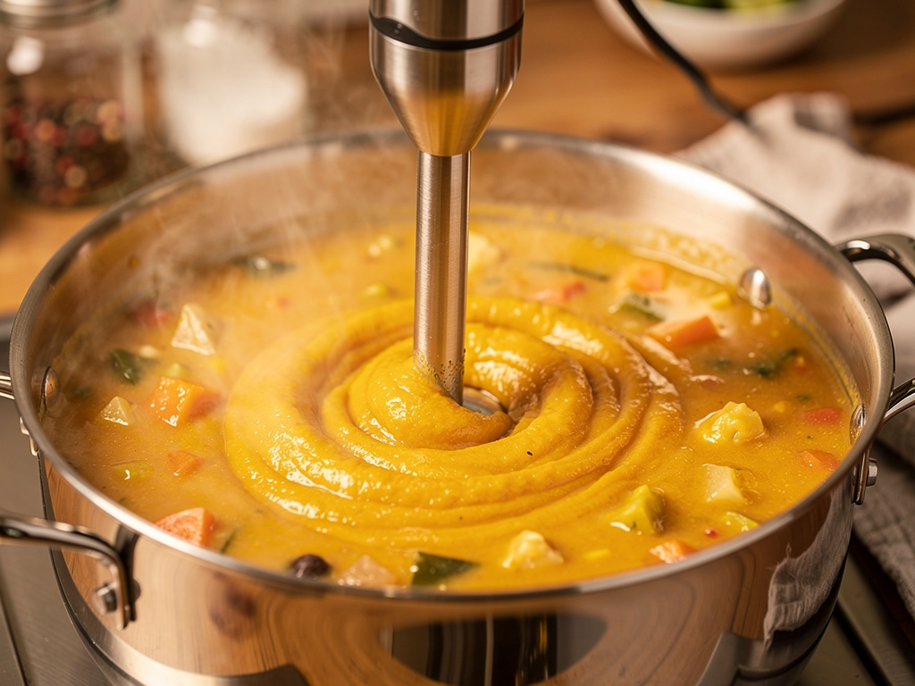 Blending the soup until smooth and creamy.