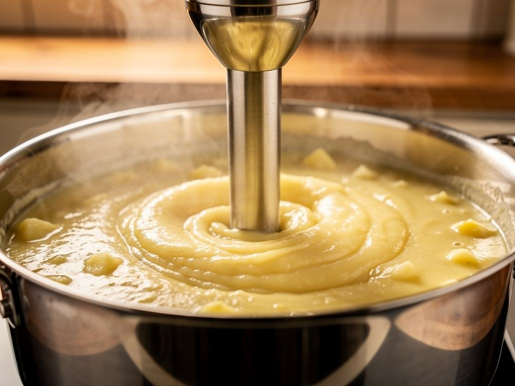 Blending the soup until smooth and creamy.