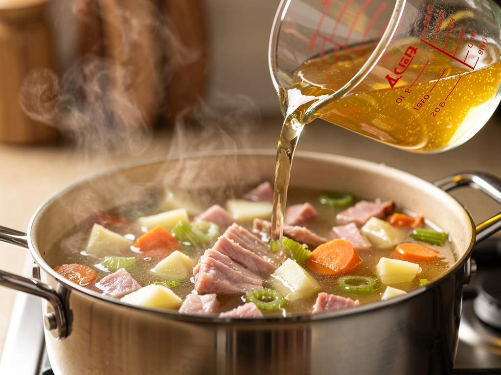 Adding the key ingredients to the pot.