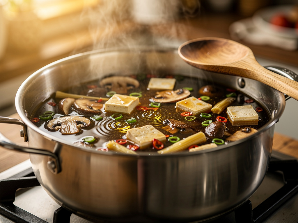Letting the soup simmer to develop rich flavors.