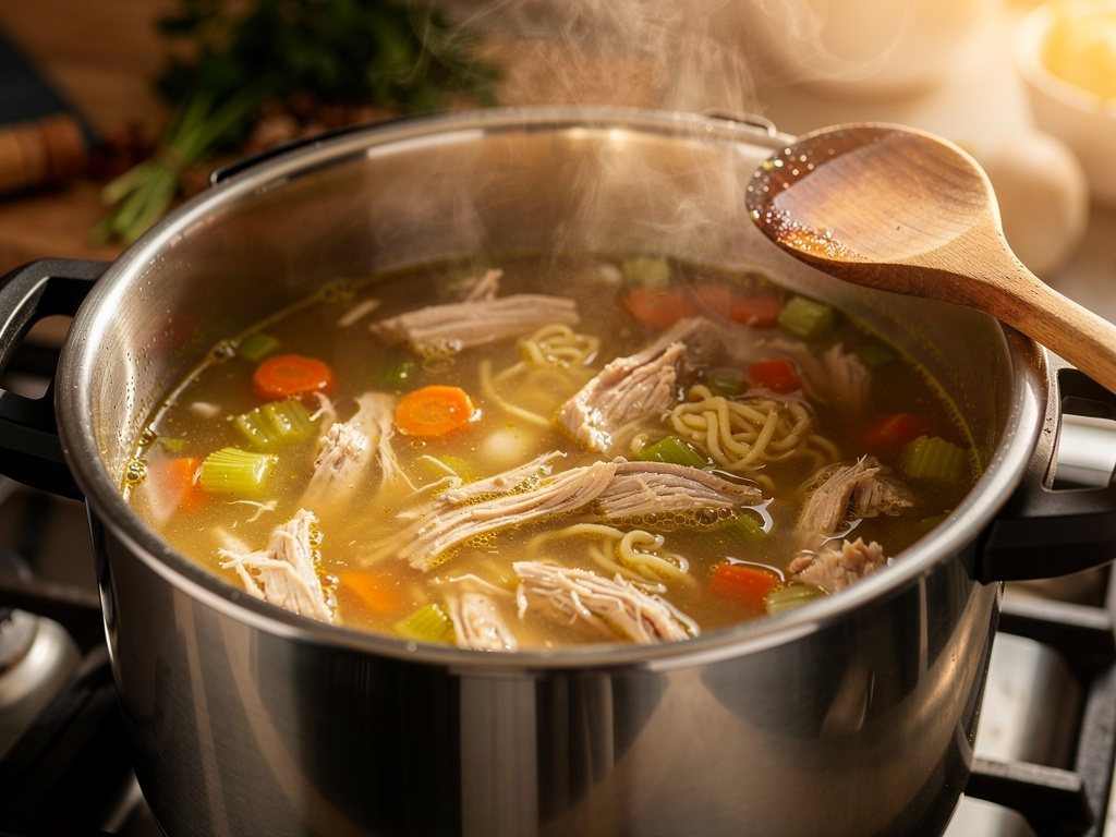 Letting the soup simmer to develop rich flavors.