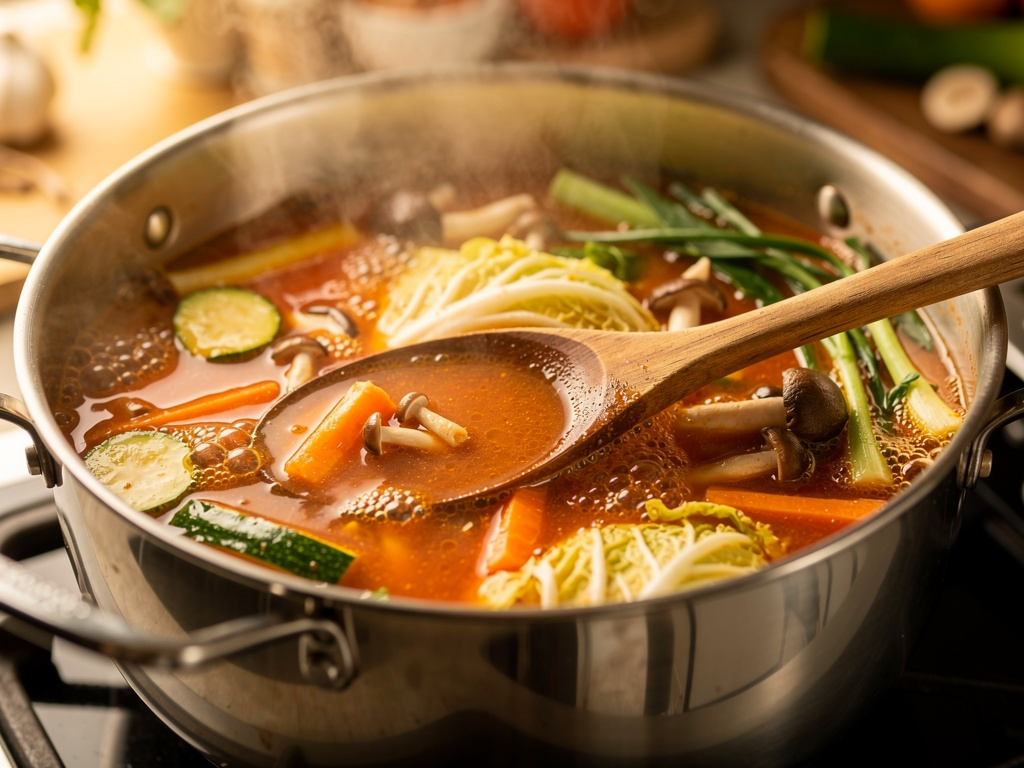 Letting the soup simmer to develop rich flavors.