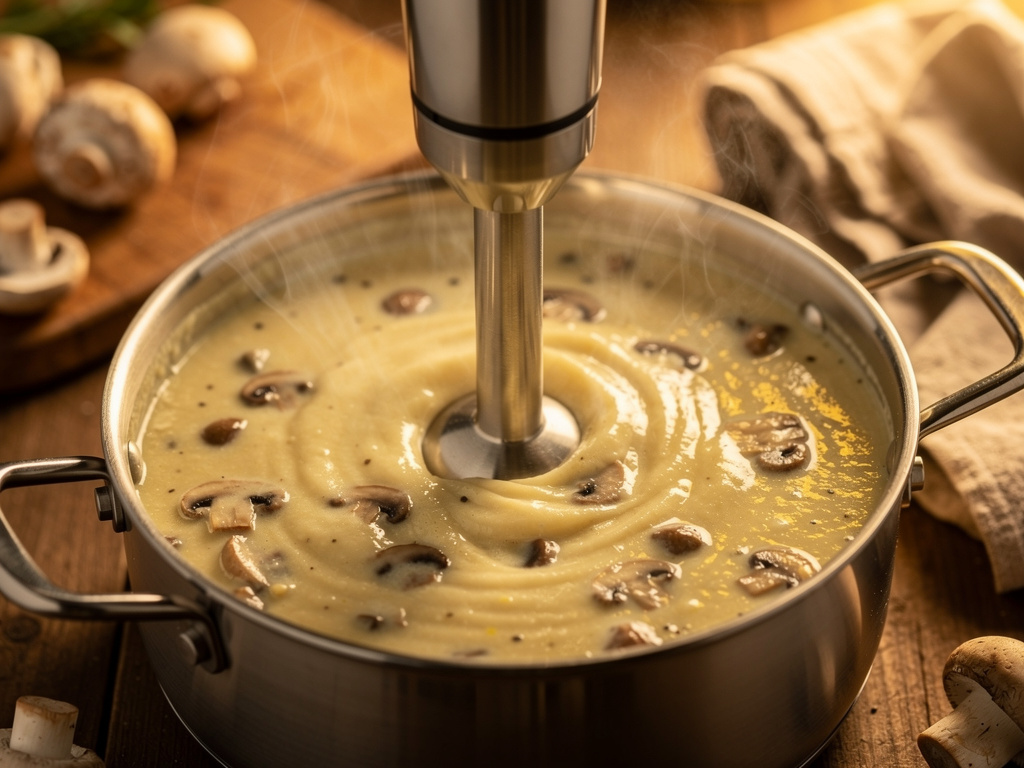 Blending the soup until smooth and creamy.