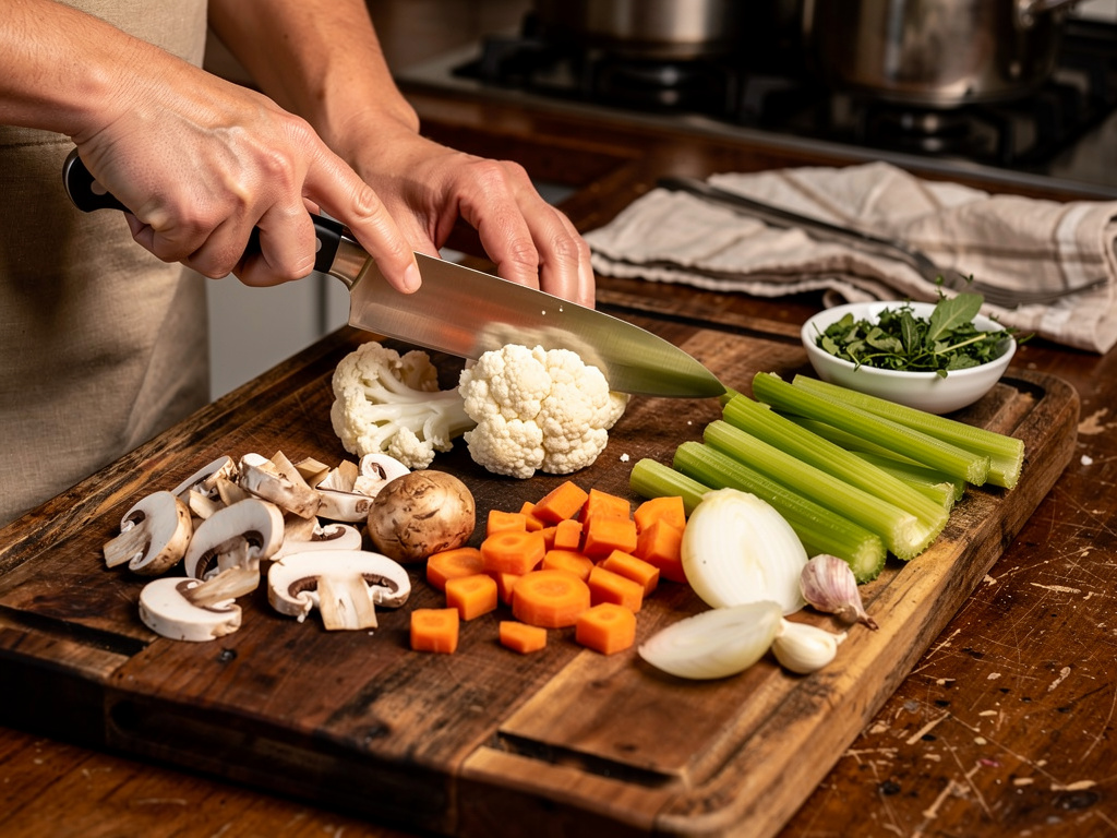 Preparing the vegetables for cooking.