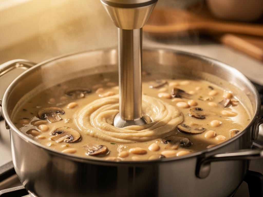 Blending the soup until smooth and creamy.