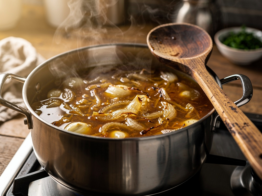 Letting the soup simmer to develop rich flavors.