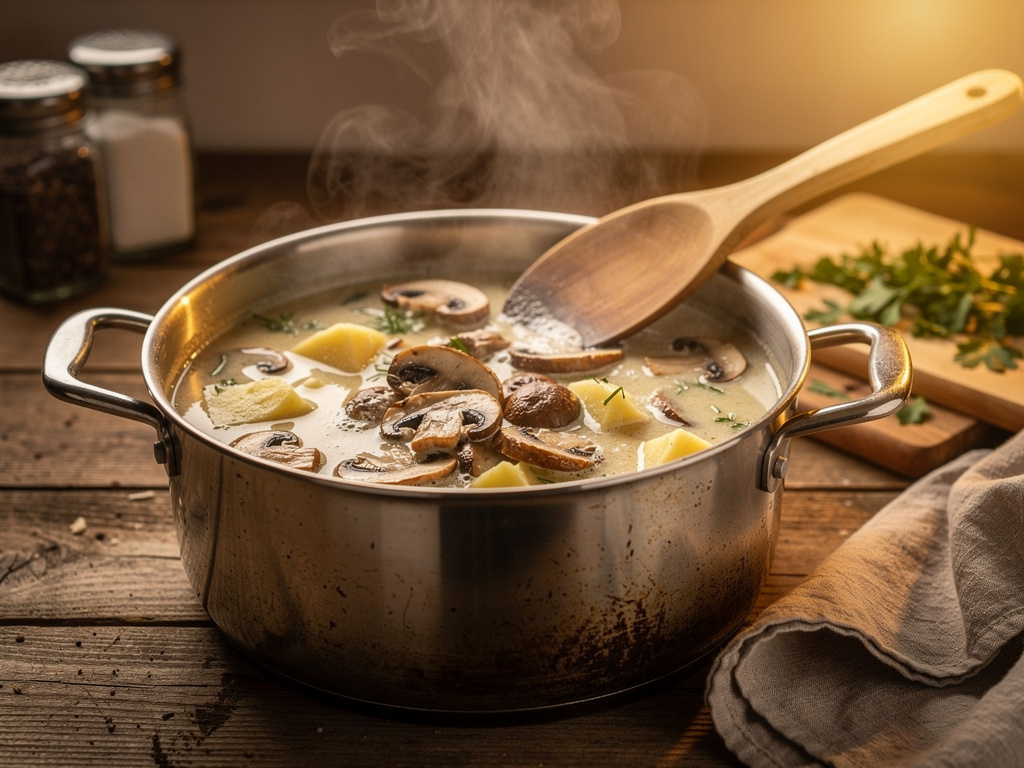 Letting the soup simmer to develop rich flavors.