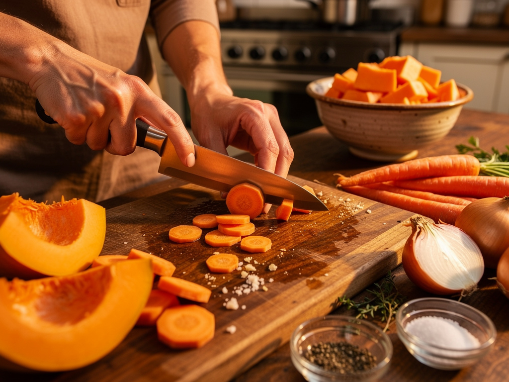 Preparing the vegetables for cooking.