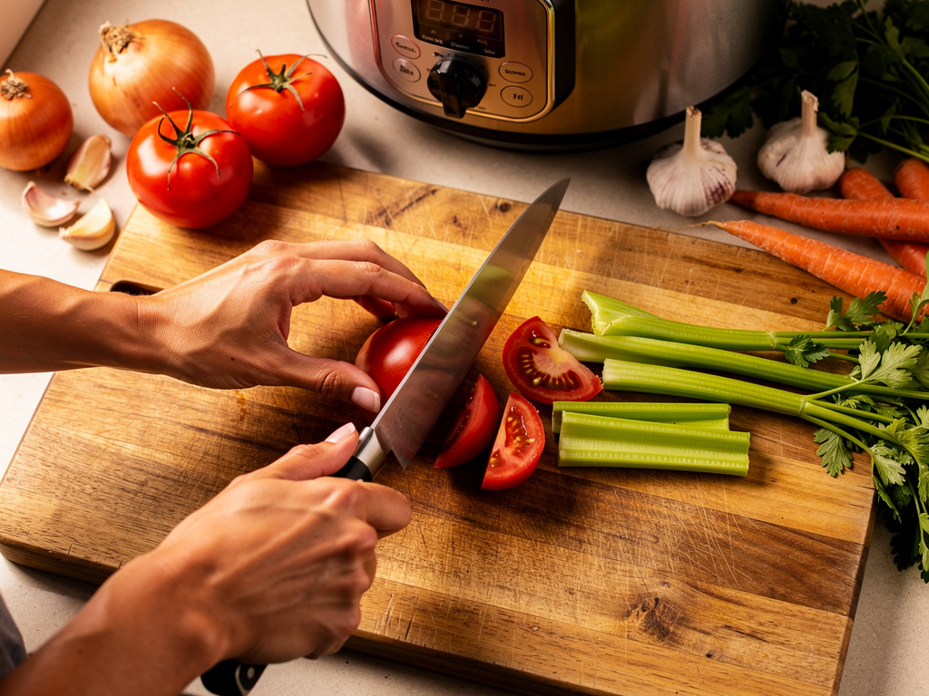 Preparing the vegetables for cooking.