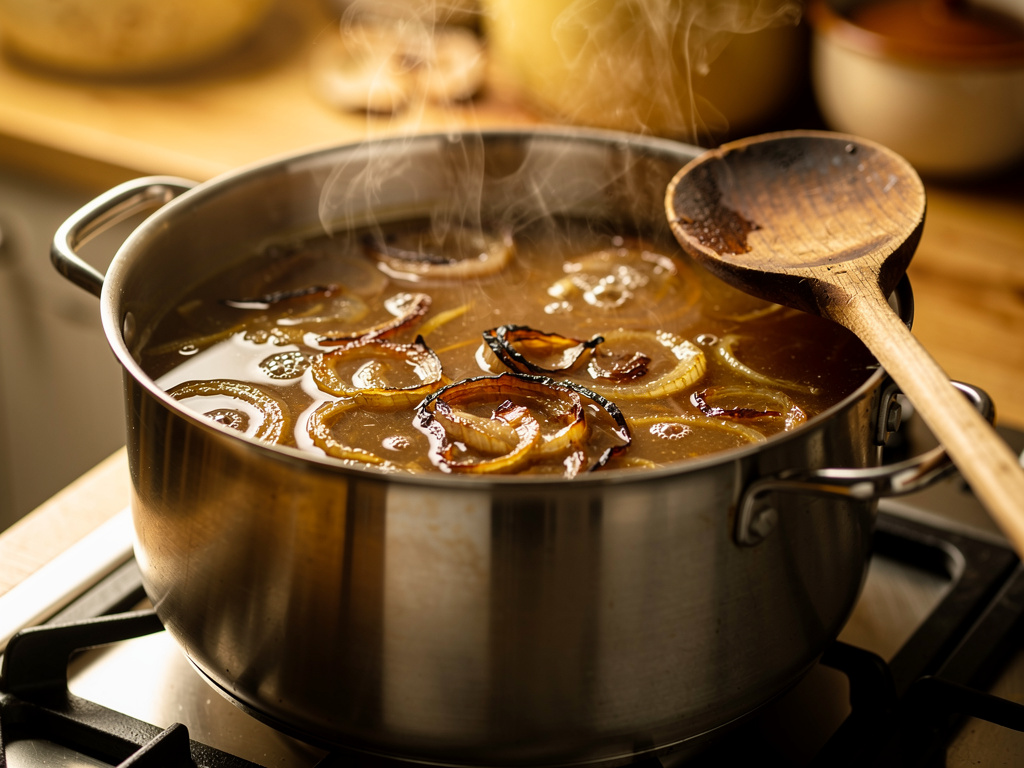 Letting the soup simmer to develop rich flavors.