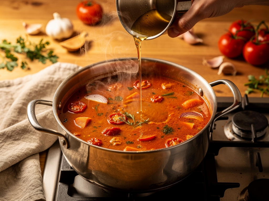 Adding the key ingredients to the pot.
