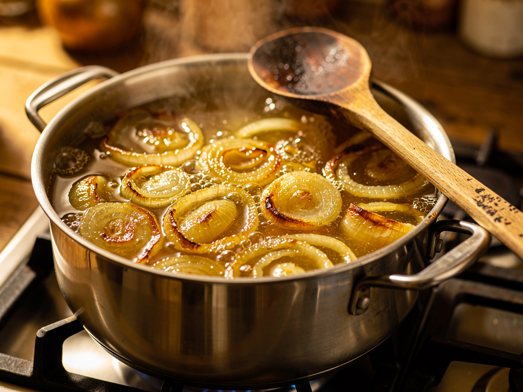 Letting the soup simmer to develop rich flavors.