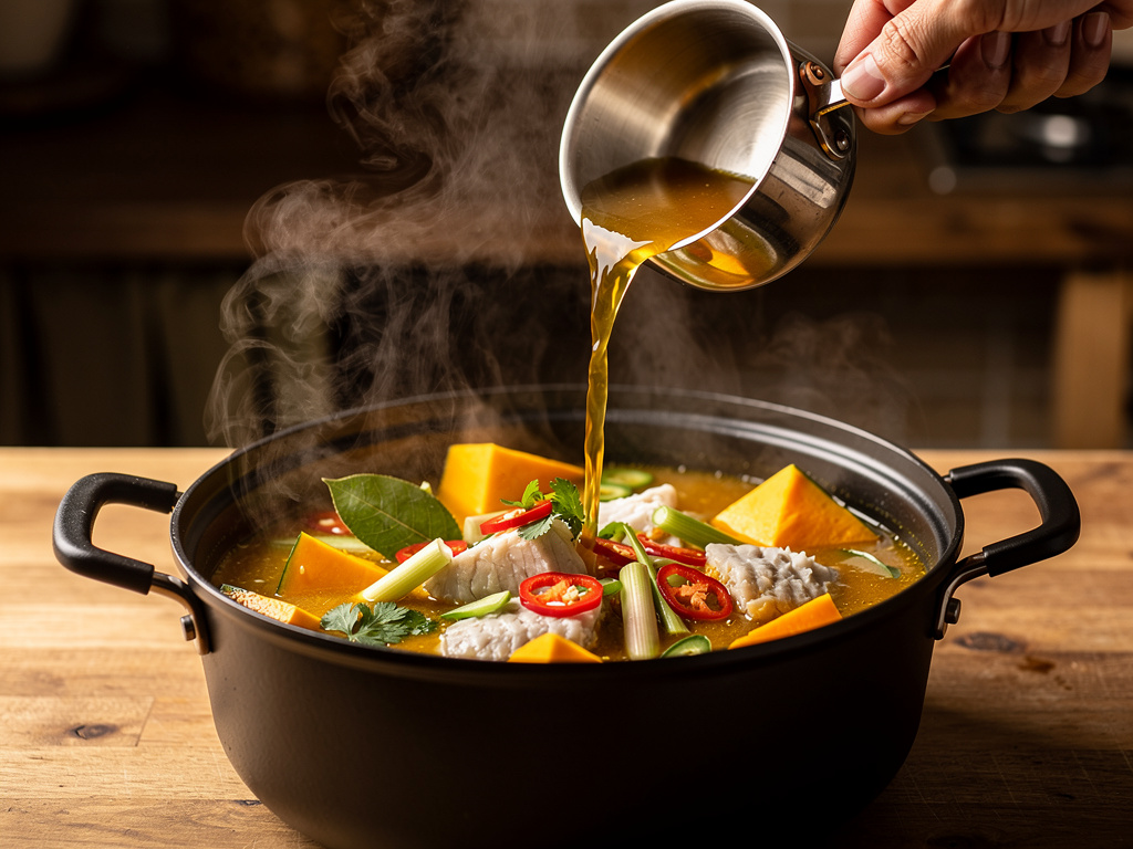 Adding the key ingredients to the pot.