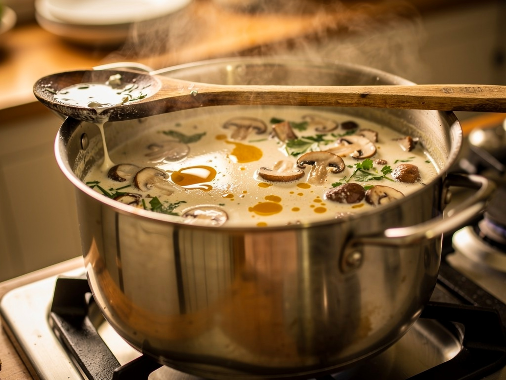 Letting the soup simmer to develop rich flavors.