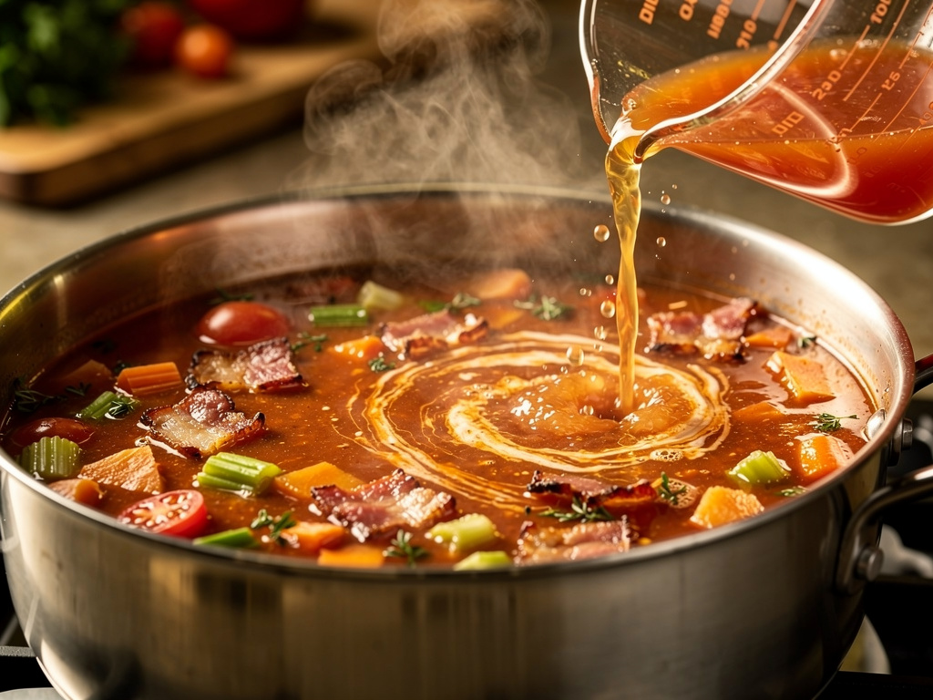 Adding the key ingredients to the pot.