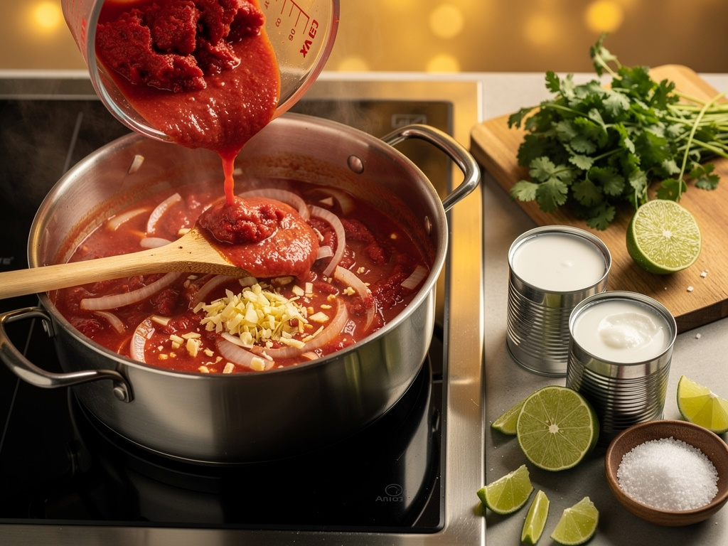 Sauté the aromatics until fragrant, then add crushed tomatoes and simmer to develop flavor.