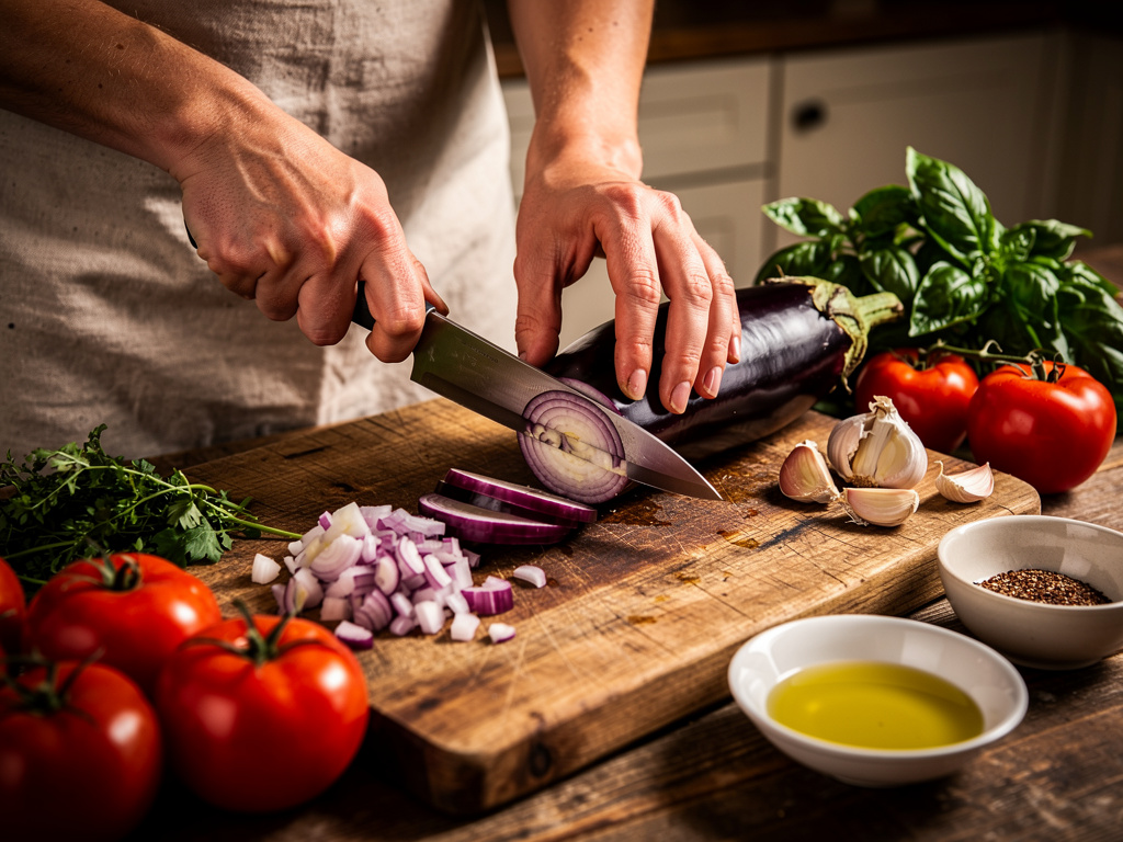 Preparing the vegetables for cooking.