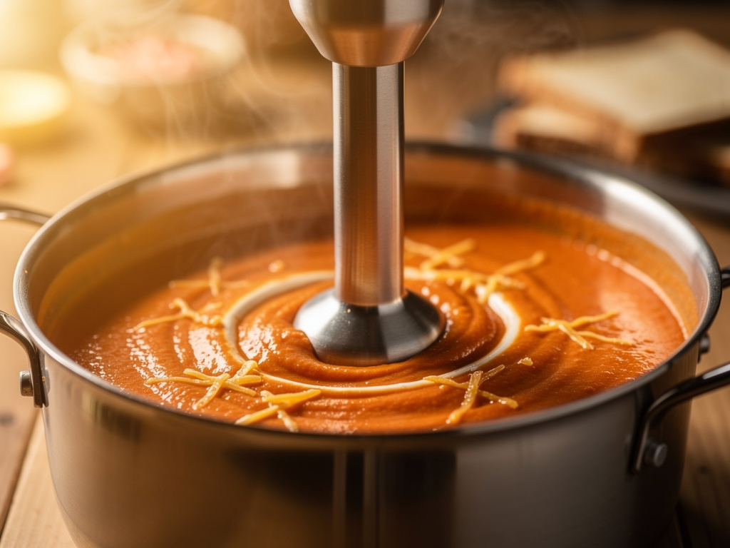 Blending the soup until smooth and creamy.