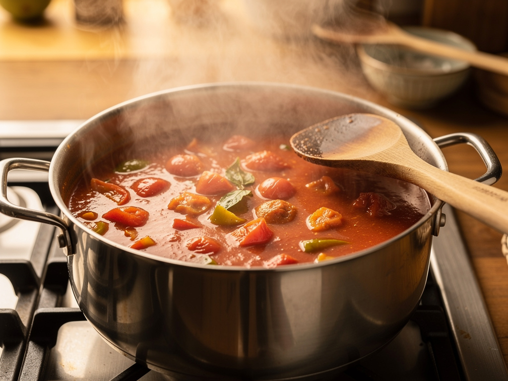 Letting the soup simmer to develop rich flavors.