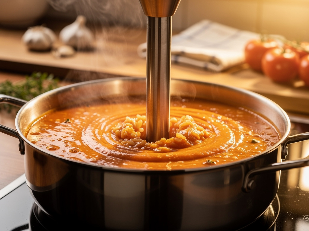 Blending the soup until smooth and creamy.