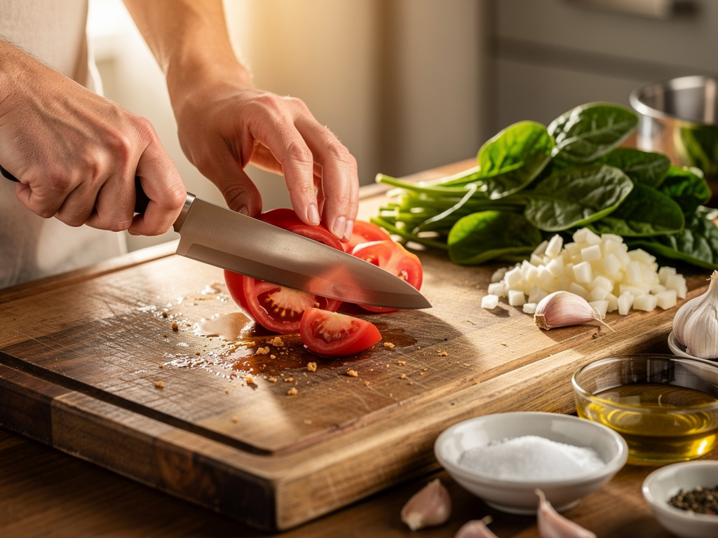 Preparing the vegetables for cooking.
