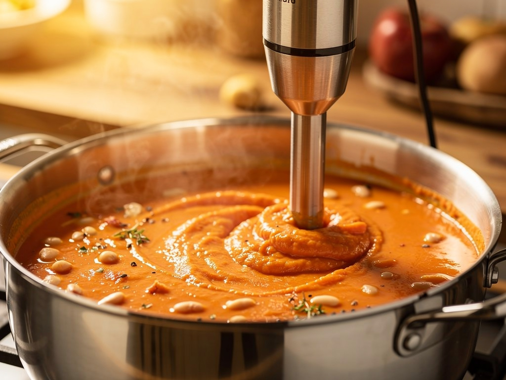 Blending the soup until smooth and creamy.