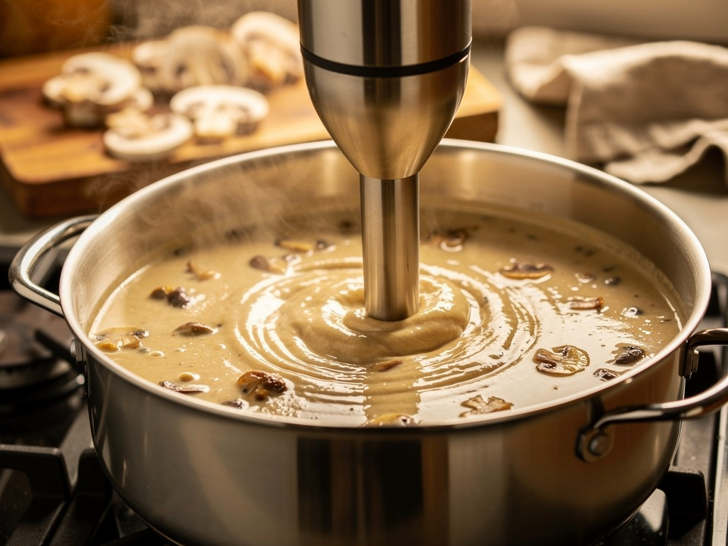 Blending the soup until smooth and creamy.