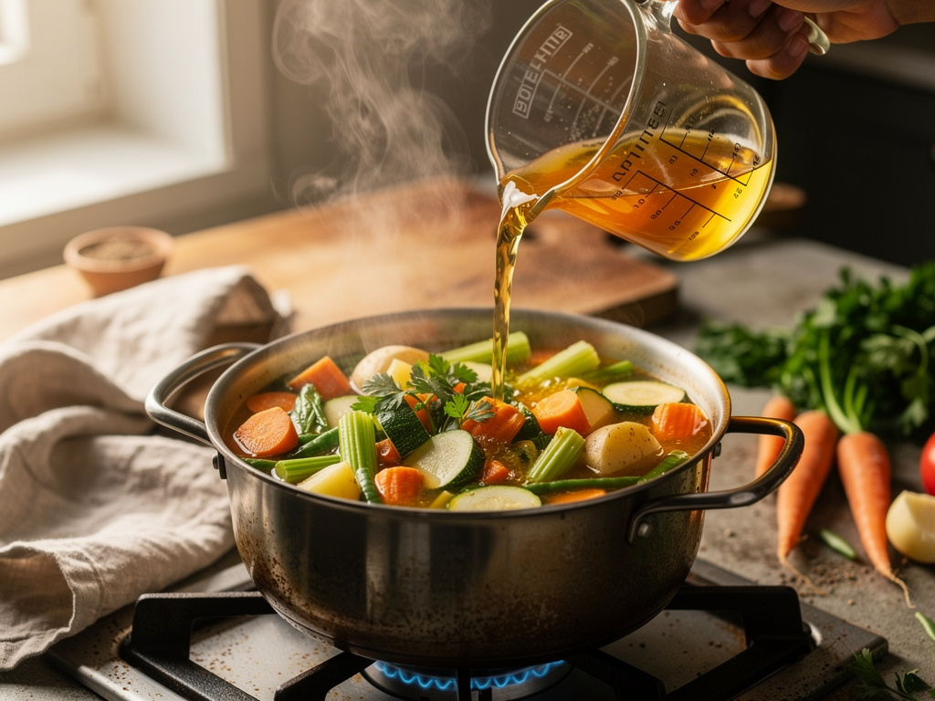 Adding the key ingredients to the pot.